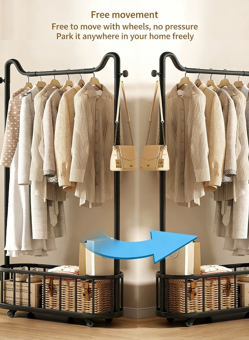 Clothes Rack with Single Rods, Metal Garment Rack with Storage Basket and Wheels, Multipurpose Clothes Hanger Organizer for Bedroom Living Room - Image 5